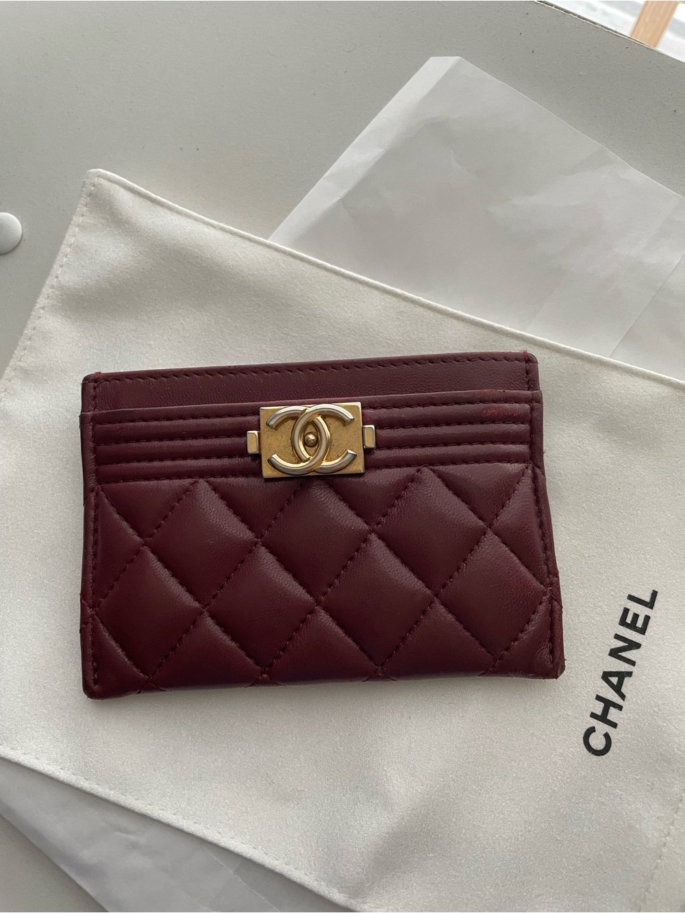 CHANEL BOY Card Holder in Burgundy with Gold CC Plaque